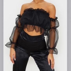 Black Organza Ruffle Bardot Flared Sleeve Blouse